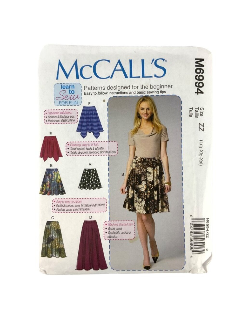 McCalls M6994 Sewing Pattern Womens Skirts Elastic Waist Sizes L XL XXL Easy Sew
